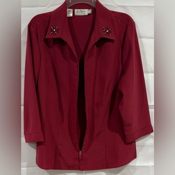 Kathy Che Women's Blouse Red Burgundy Embroidered Embellished Zip Blouse Size 14 - Picture 3 of 10